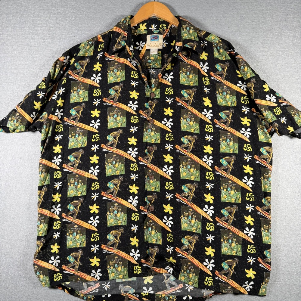 Kahala Hawaiian Shirt Mens XL Black Surfer Floral Rayon Handcrafted Hawaii‎ M36